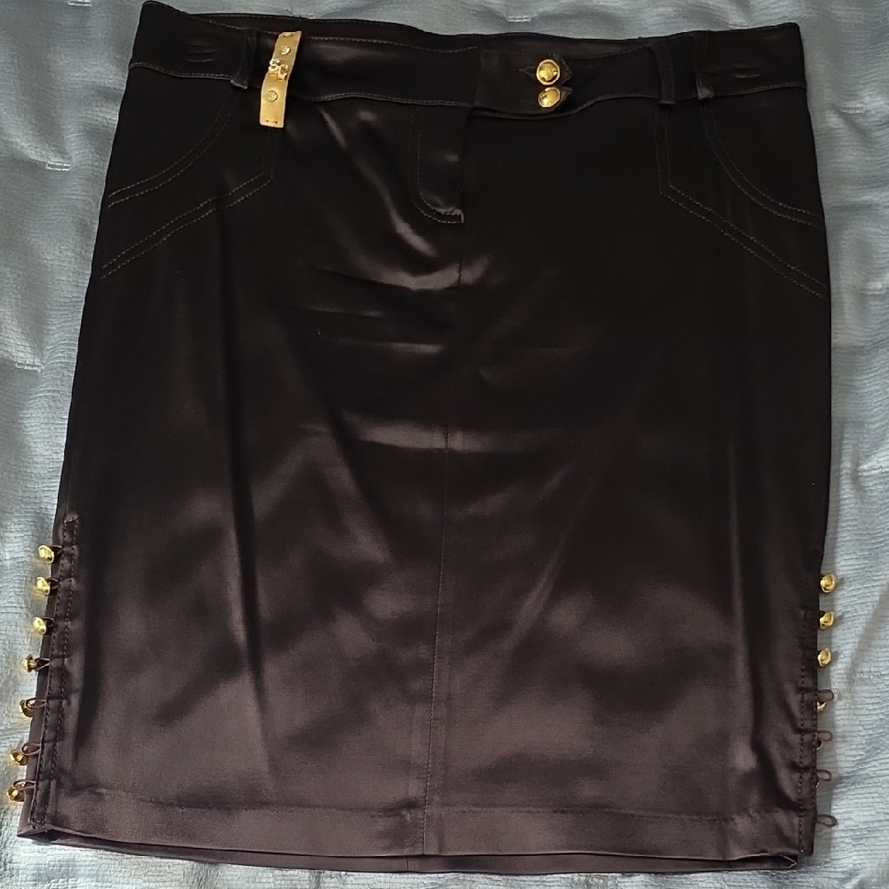Sophisticated Black Faux Leather Pencil Skirt with Gold Accent Hardware